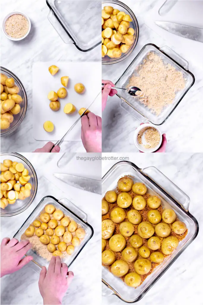 A collage of process shots preparing crispy parmesan roasted potatoes.