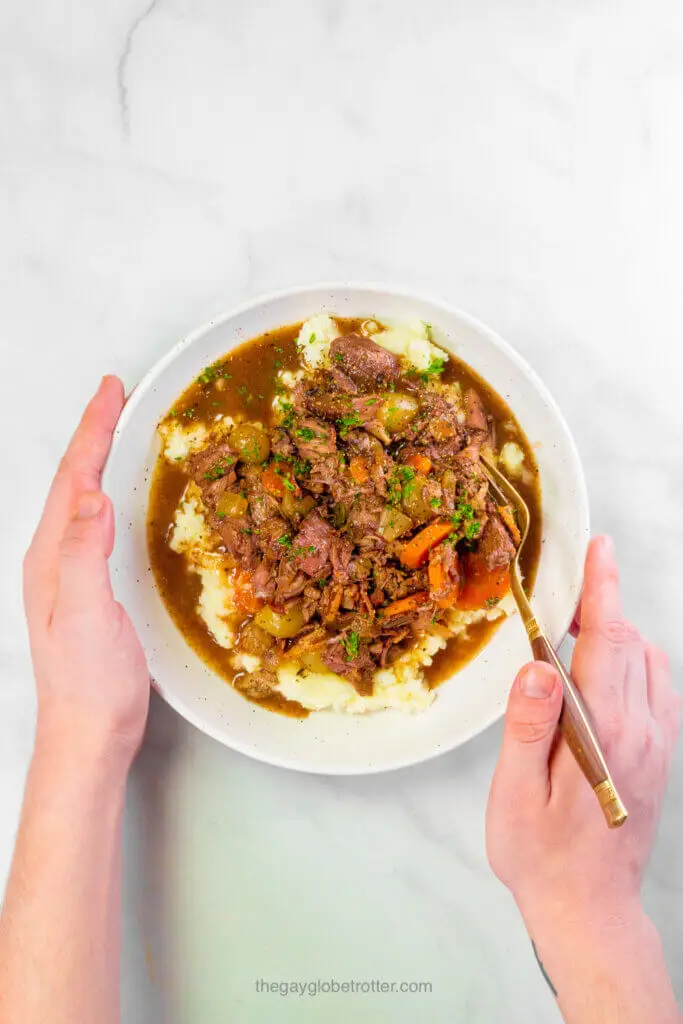 Hands holding a bowl of slow cooker beef bourguignon.