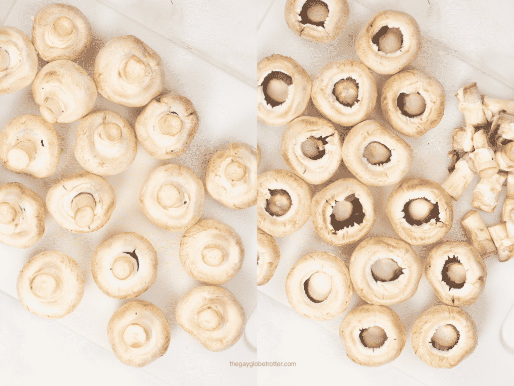 Mushrooms being destemmed so they can be stuffed.