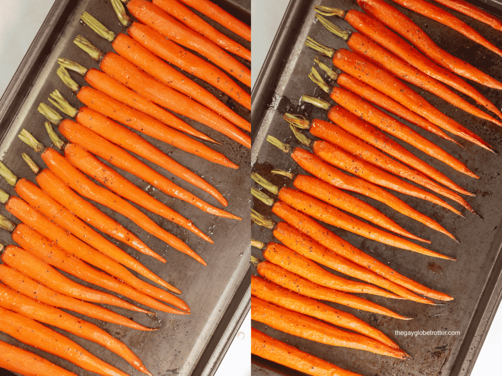 A roasting pan with raw carrots, and a roasting pan with roasted honey glazed carrots.