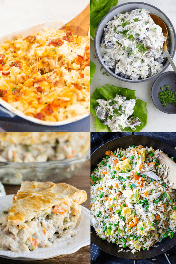 4 images of recipes using leftover rotisserie chicken.