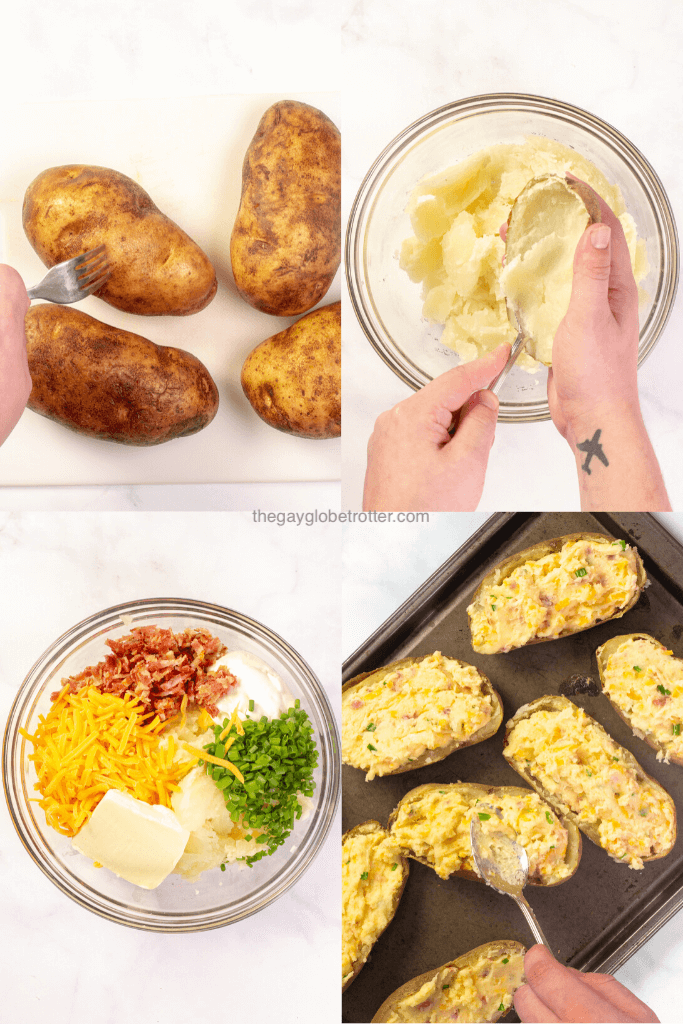 4 images showing the process of making twice baked potatoes including adding toppings, and refilling the potato skins.