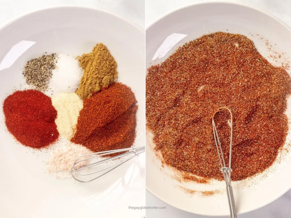 Spices being combined in a white bowl for fajita seasoning.