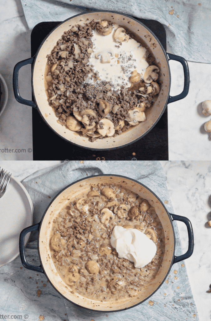 Ground beef stroganoff on the stove being made.