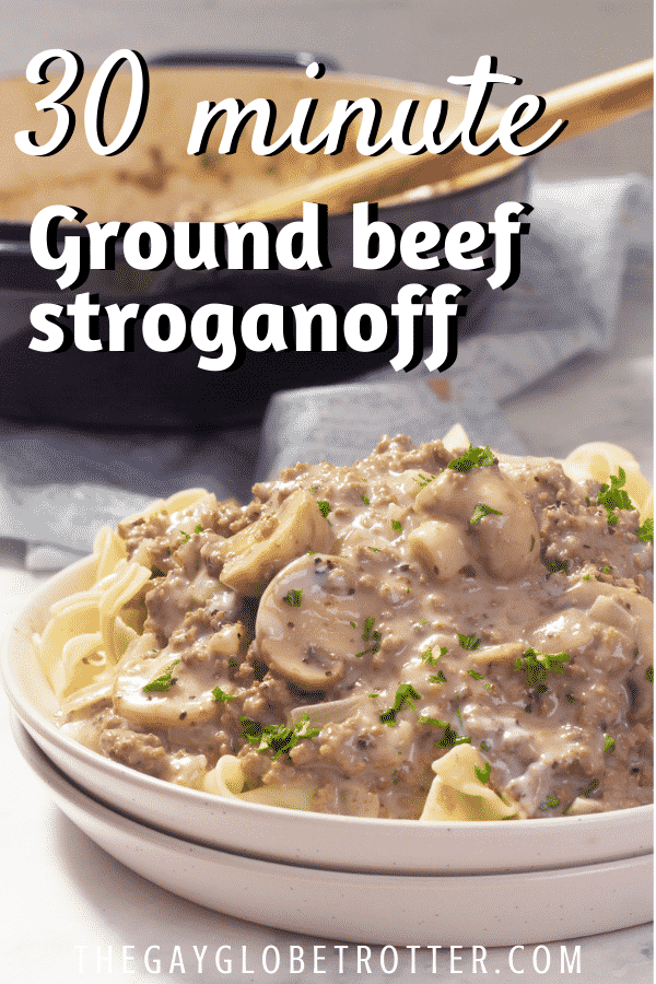 Ground beef stroganoff on a plate with egg noodles.