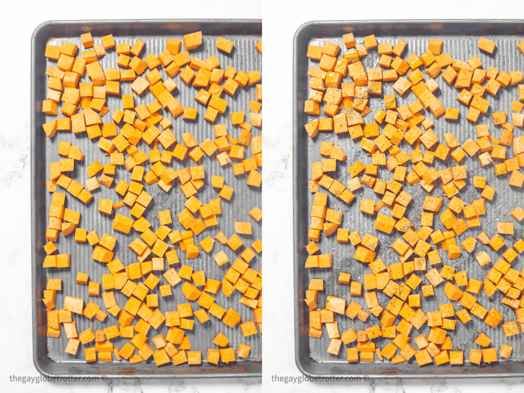 Two baking sheets, one with raw sweet potato cubes and one with seasoned sweet potato cubes.