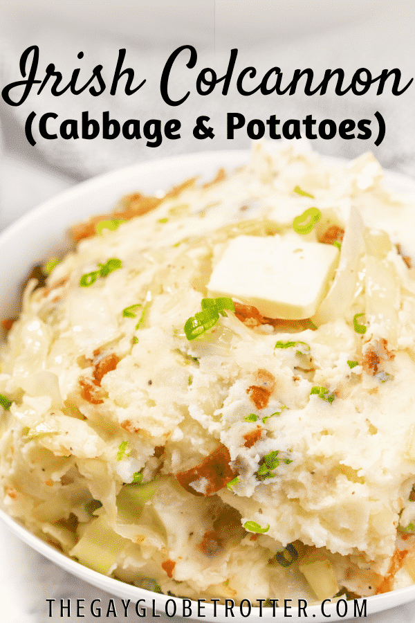 Colcannon topped with butter with text overlay.