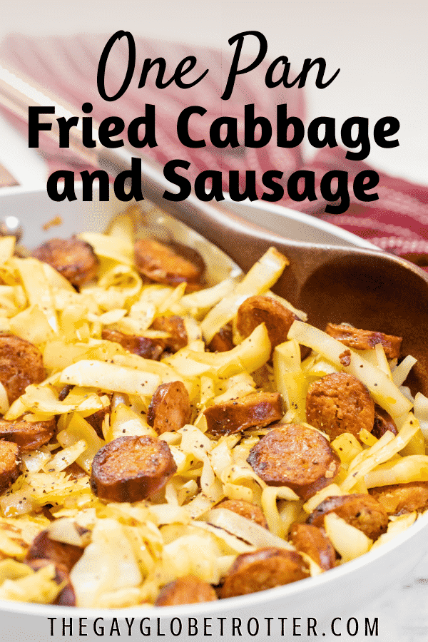 Cabbage and sausage in a pan with text overlay.