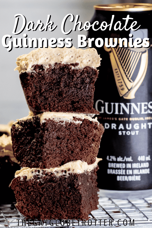 Brownies stacked next to a can of Guinness with text overlay.