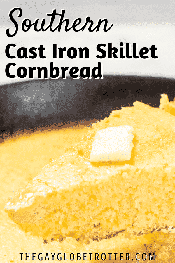 Skillet cornbread topped with butter on a spatula with text overlay.