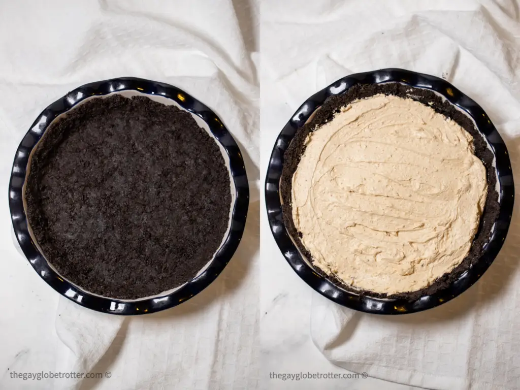 Oreo crust and peanut butter cheesecake filling in a pie plate.