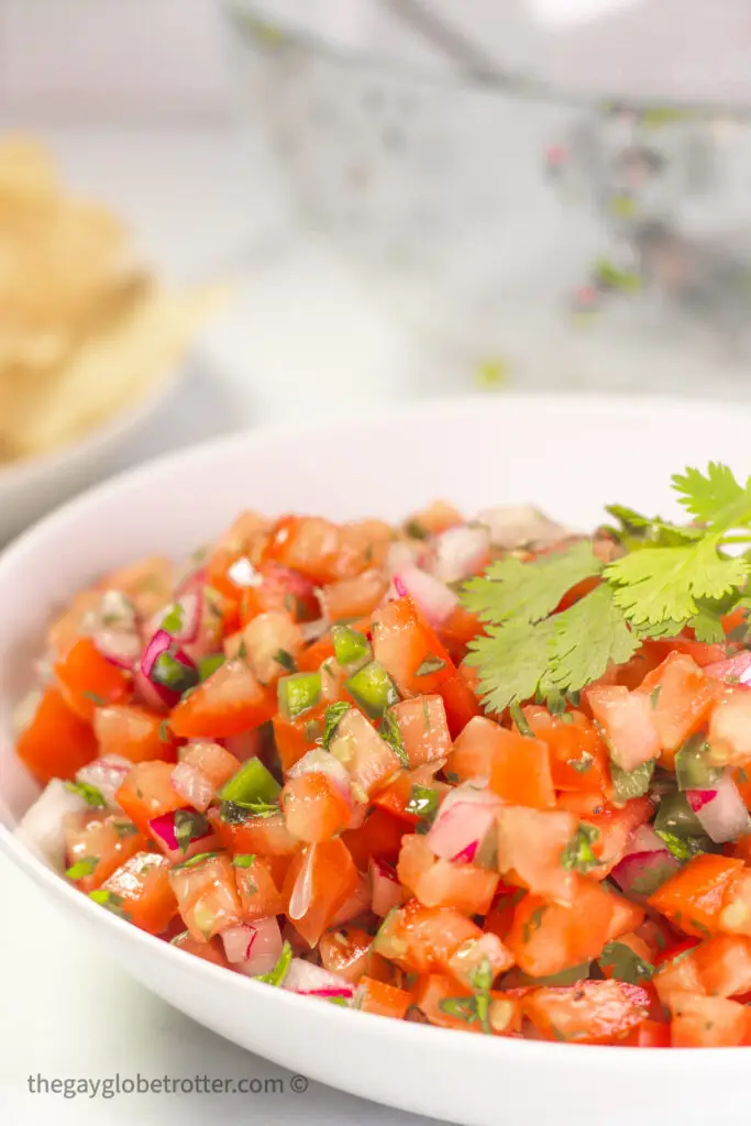 A bowl of pico de gallo topped with cilantro.