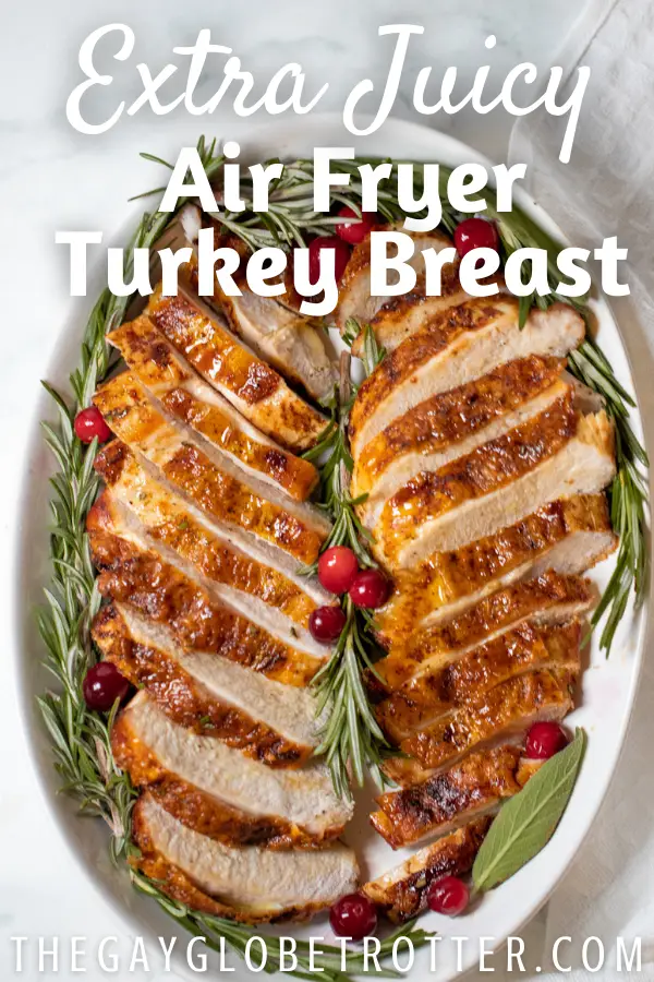 Sliced turkey breast on a serving plate with text overlay.