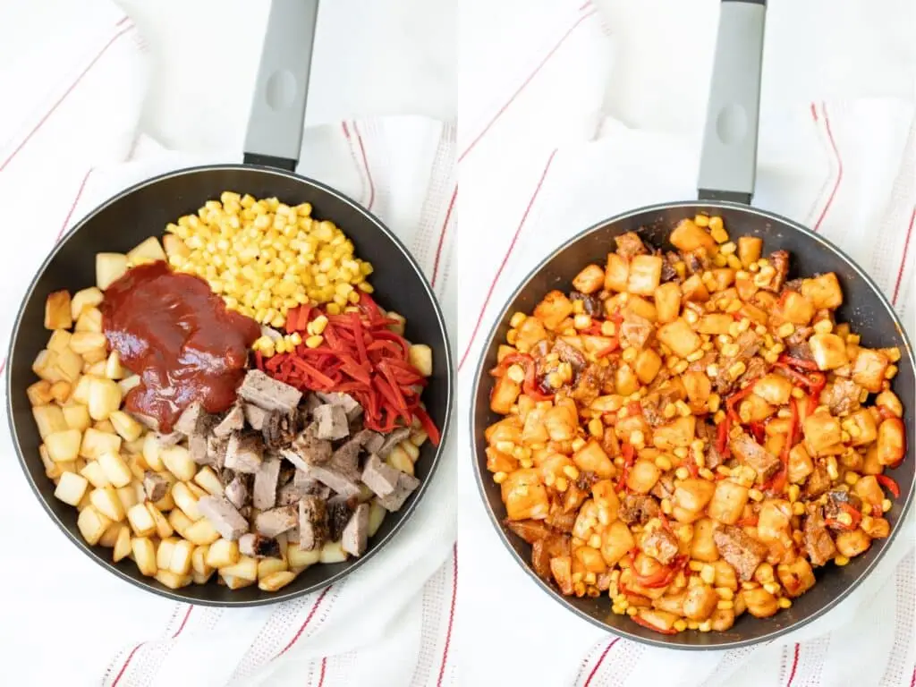 Ingredients for roast beef hash in a frying pan.