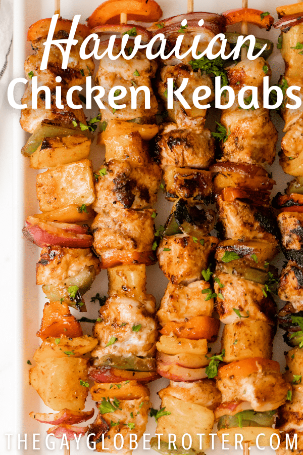 Hawaiian chicken kebabs with text overlay.